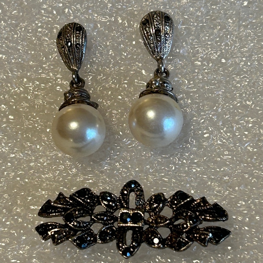 Pearl + Marcasite Earrings and Brooch Set